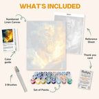 What's included in the Prometheus paint by numbers kit: numbered linen canvas, reference sheet, color guide, 24 acrylic paints, 3 brushes and thank you card