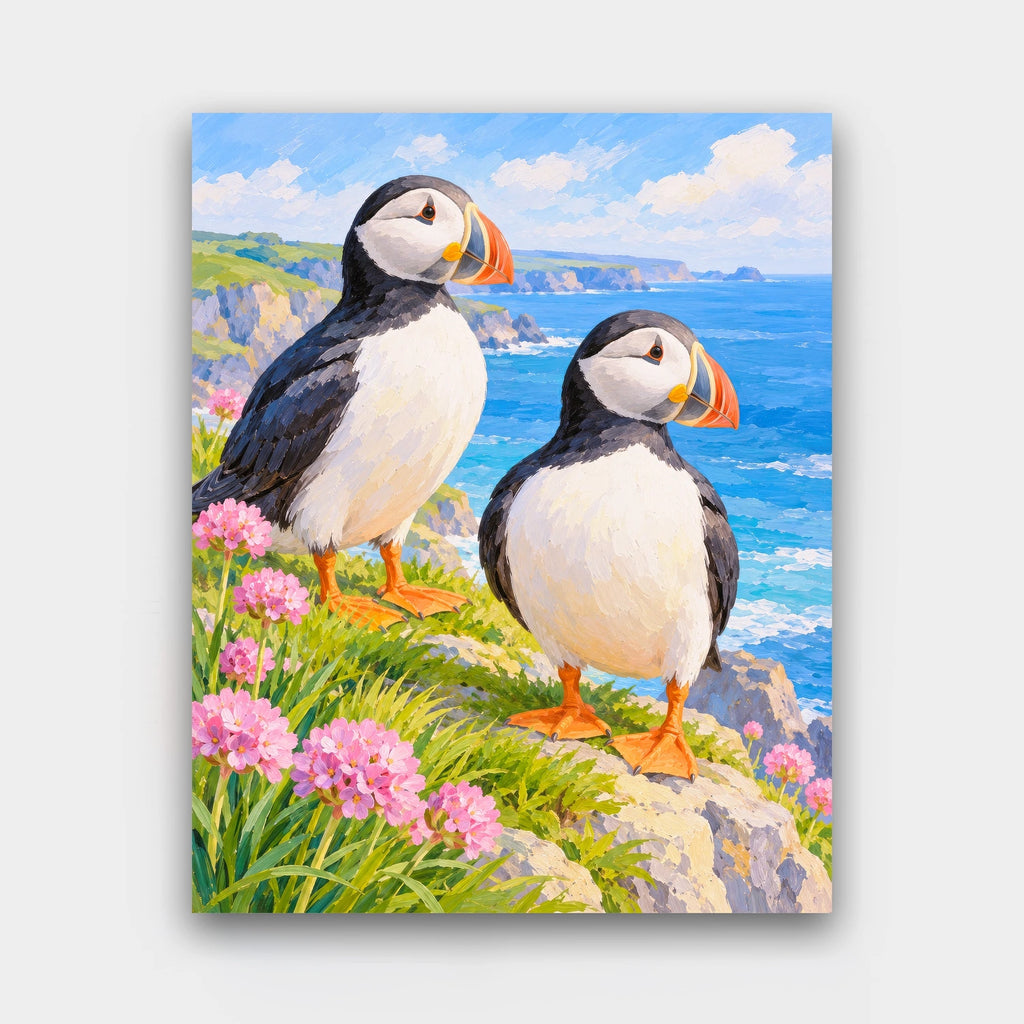 Puffins on the Cliff paint by numbers kit of two puffins on a grassy sea cliff with pink sea thrift and blue sea