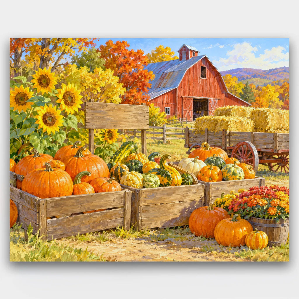 Pumpkin Farm Stand paint by numbers kit of a farm stand with crates of pumpkins and gourds, sunflowers, a hay wagon and a red barn