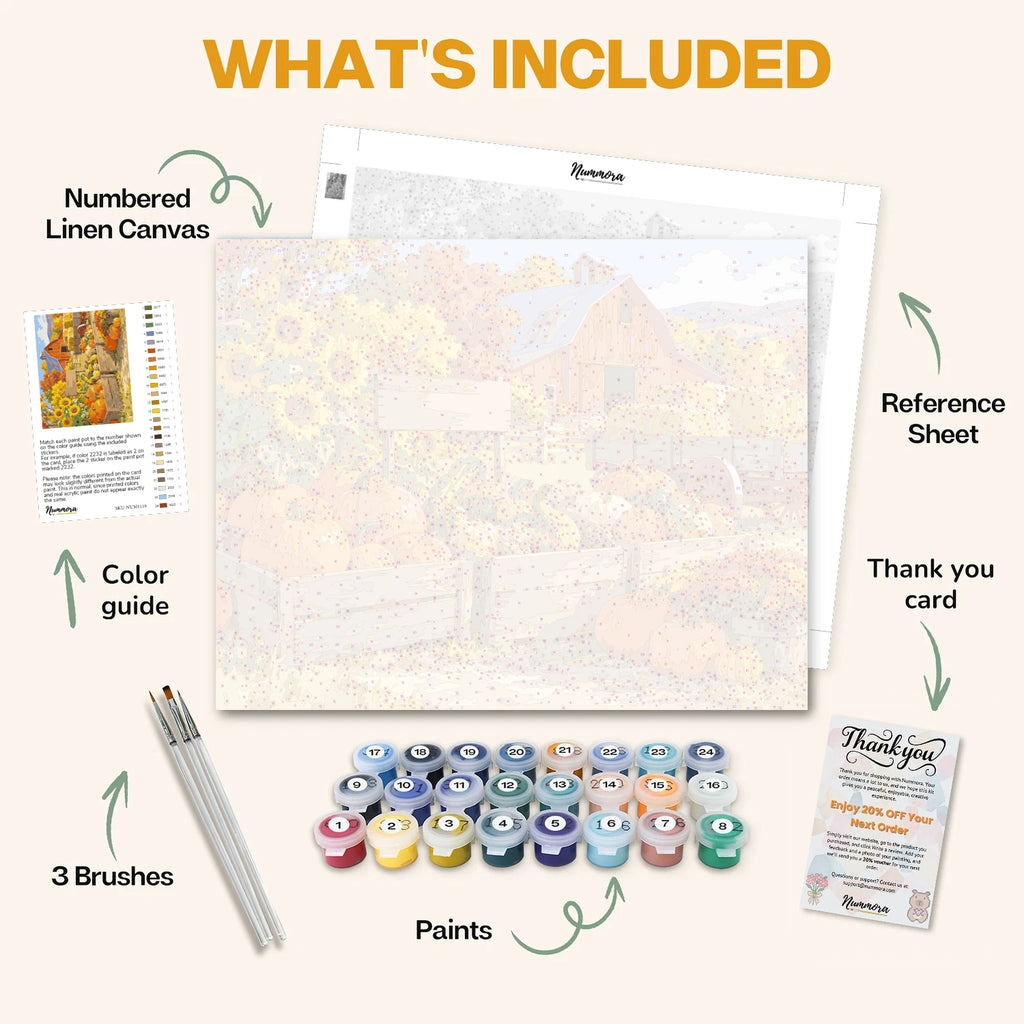 What's included in the Pumpkin Farm Stand paint by numbers kit: numbered linen canvas, reference sheet, color guide, 24 acrylic paints, 3 brushes and thank you card