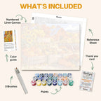 What's included in the Pumpkin Farm Stand paint by numbers kit: numbered linen canvas, reference sheet, color guide, 24 acrylic paints, 3 brushes and thank you card