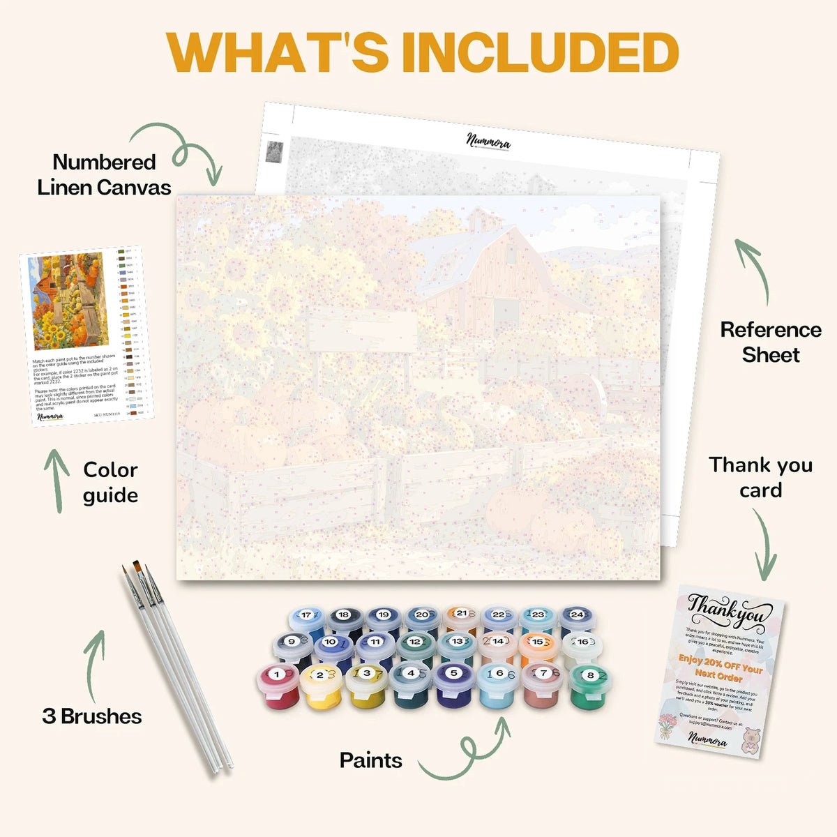 What's included in the Pumpkin Farm Stand paint by numbers kit: numbered linen canvas, reference sheet, color guide, 24 acrylic paints, 3 brushes and thank you card