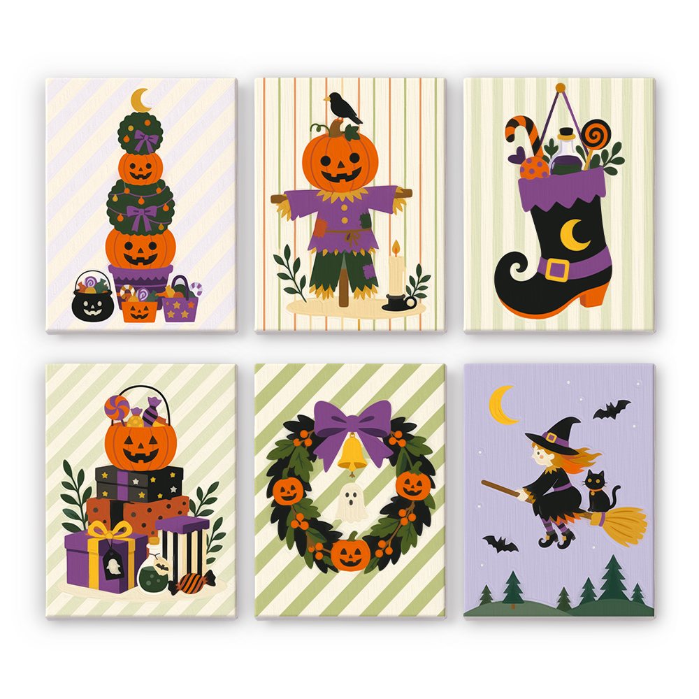 Pumpkin Festivities mini paint by numbers set: six festive Halloween decorations on pastel stripes, including a pumpkin topiary, scarecrow, witch boot, gifts, wreath and flying witch