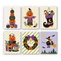 Pumpkin Festivities mini paint by numbers set: six festive Halloween decorations on pastel stripes, including a pumpkin topiary, scarecrow, witch boot, gifts, wreath and flying witch