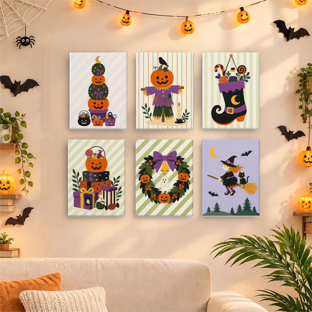 Six finished Pumpkin Festivities mini paintings hung on a wall above a table