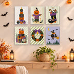 Pumpkin Festivities mini paintings displayed as a gallery wall in a sunny kitchen