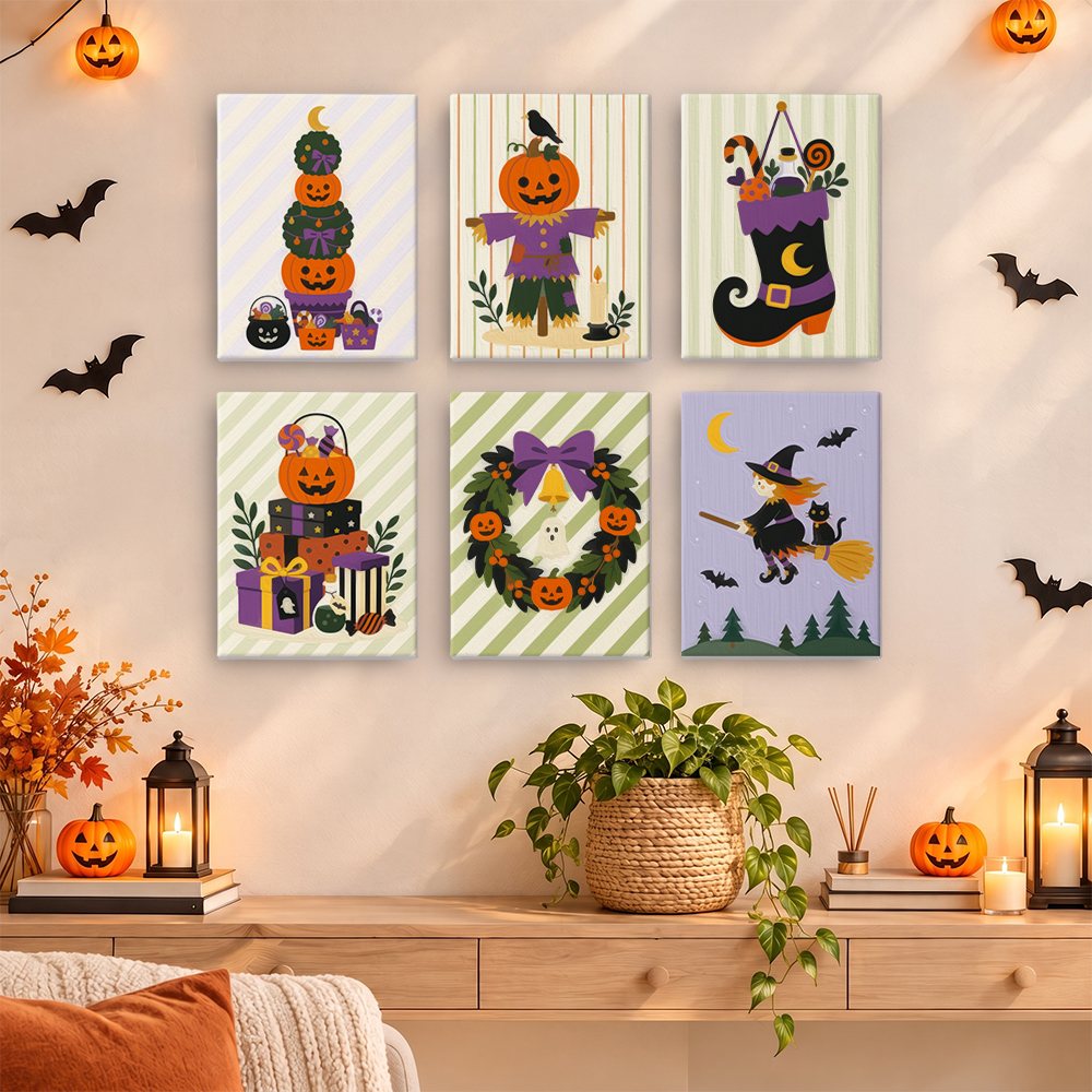 Pumpkin Festivities mini paintings displayed as a gallery wall in a sunny kitchen