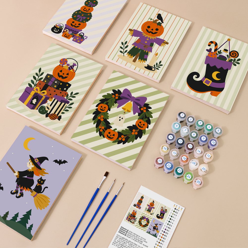 Pumpkin Festivities mini paint by numbers kit with six numbered canvases, acrylic paints, brushes and layout