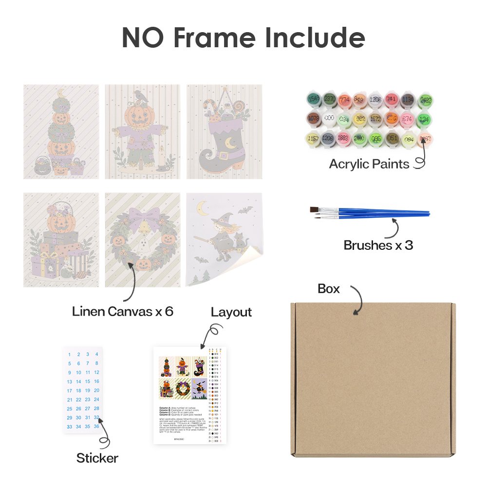 What's included without a frame: six rolled Pumpkin Festivities mini canvases, acrylic paints, three brushes and layout