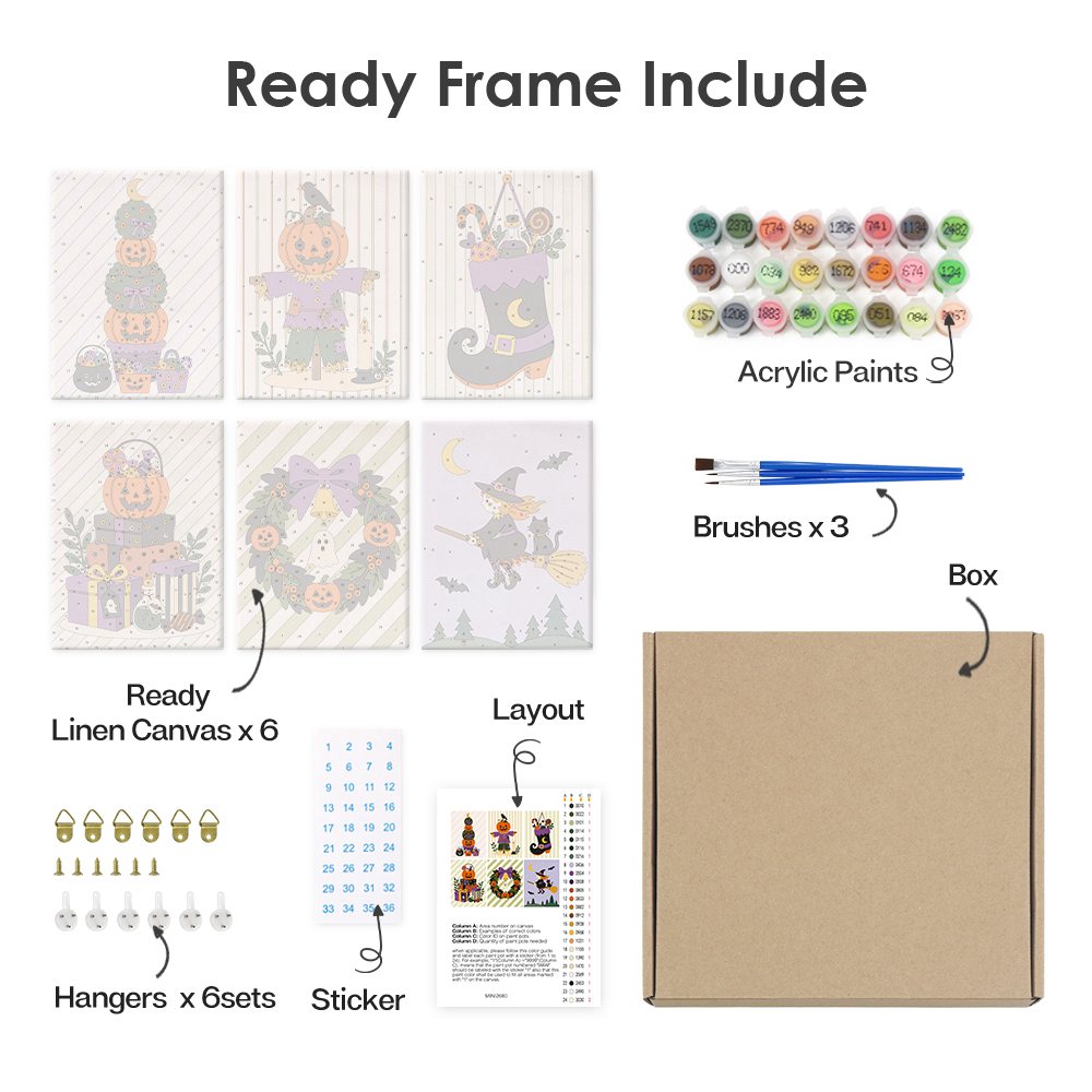 What's included pre-stretched on frame: six framed Pumpkin Festivities mini canvases, paints, three brushes, hangers and layout