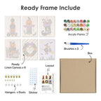 What's included pre-stretched on frame: six framed Pumpkin Festivities mini canvases, paints, three brushes, hangers and layout