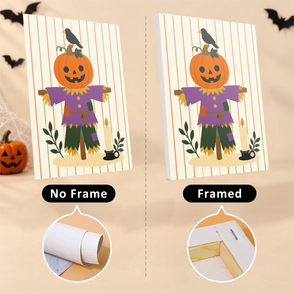 Pumpkin Festivities mini canvas shown rolled without a frame and pre-stretched on a frame