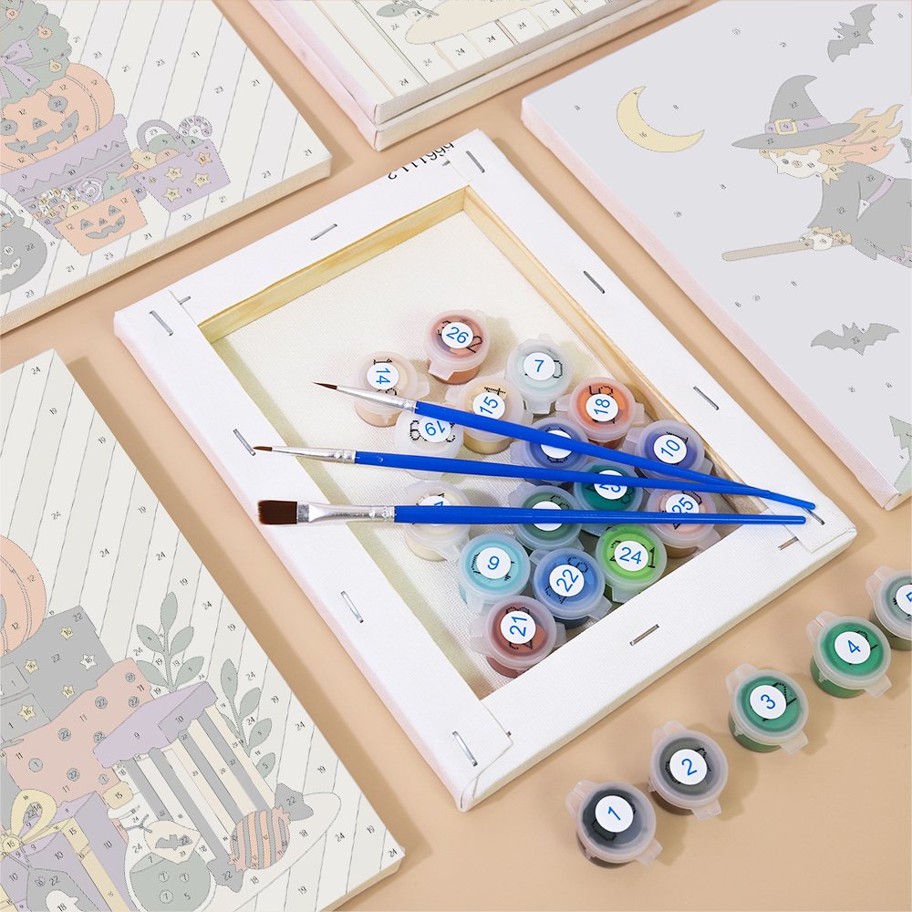 Numbered paint pots and brushes on a pre-stretched Pumpkin Festivities mini canvas