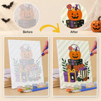 Before and after of a Pumpkin Festivities mini paint by numbers canvas