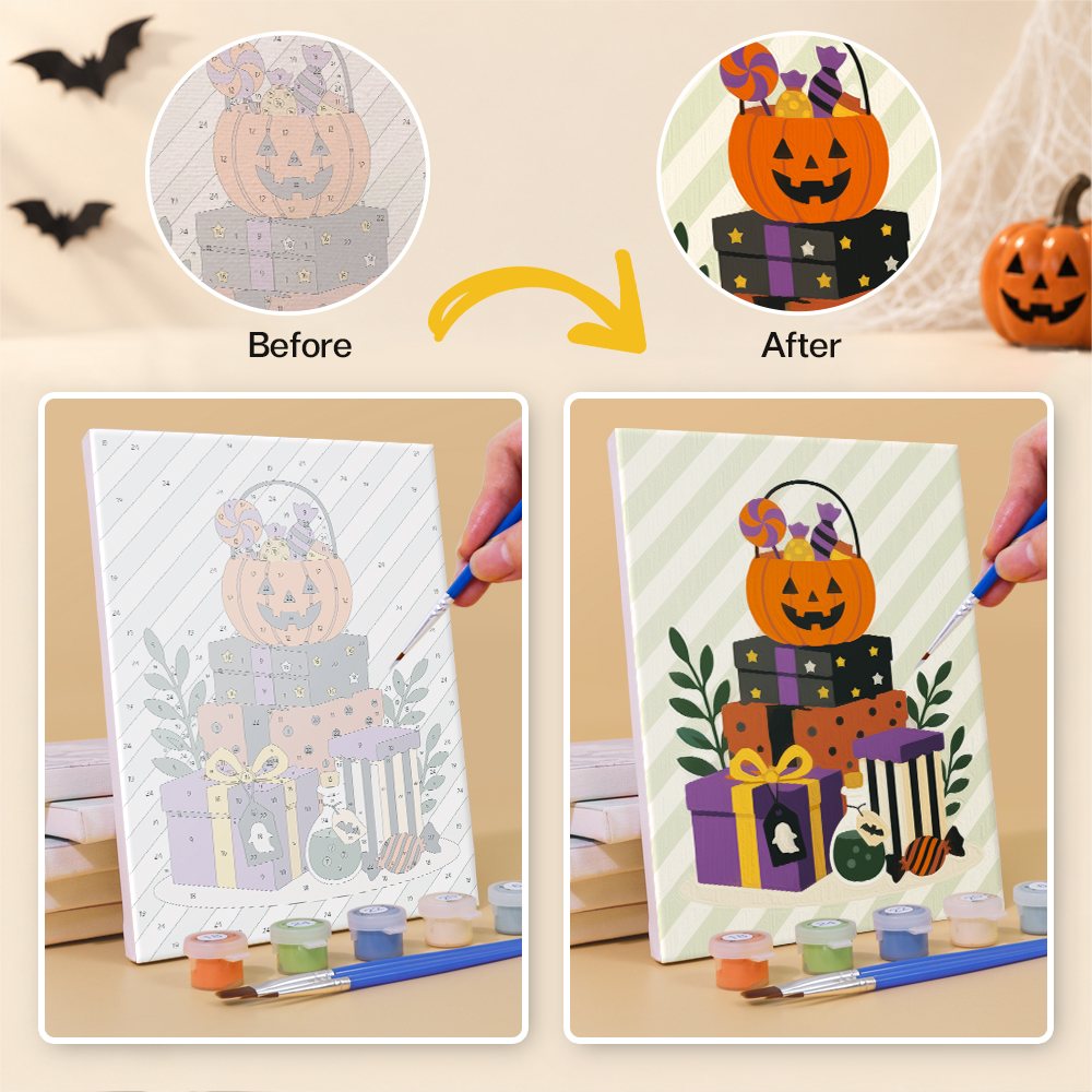 Before and after of a Pumpkin Festivities mini paint by numbers canvas