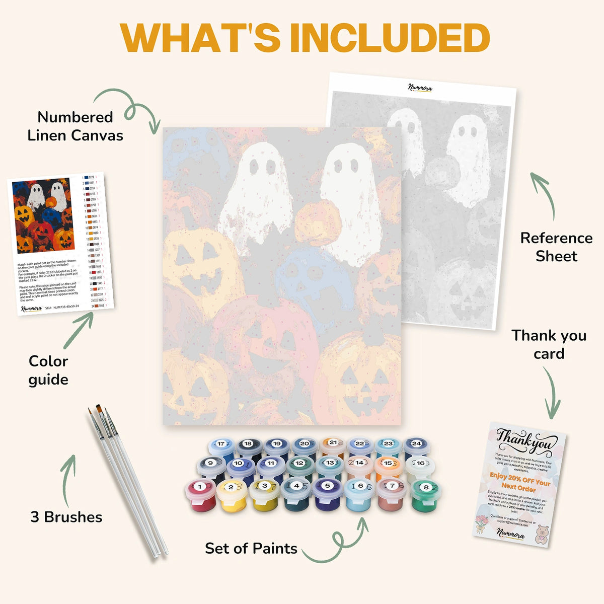 What's included in the Pumpkin Parade paint by numbers kit: numbered linen canvas, reference sheet, color guide, 24 acrylic paints, 3 brushes and thank you card