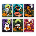 Pumpkin Patch Pals mini paint by numbers set: six cute Halloween characters in the pumpkin patch, including a skeleton, black cat, scarecrow, ghost, vampire and witch