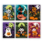 Pumpkin Patch Pals mini paint by numbers set: six cute Halloween characters in the pumpkin patch, including a skeleton, black cat, scarecrow, ghost, vampire and witch