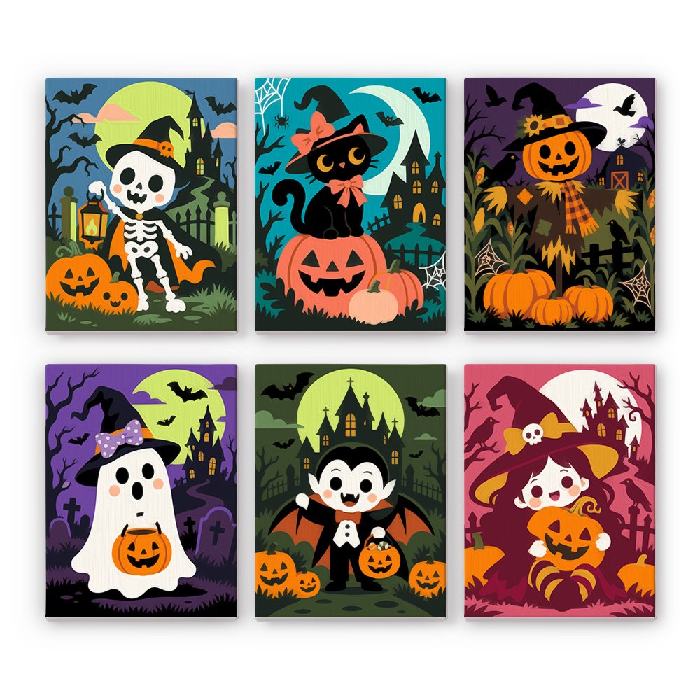 Pumpkin Patch Pals mini paint by numbers set: six cute Halloween characters in the pumpkin patch, including a skeleton, black cat, scarecrow, ghost, vampire and witch