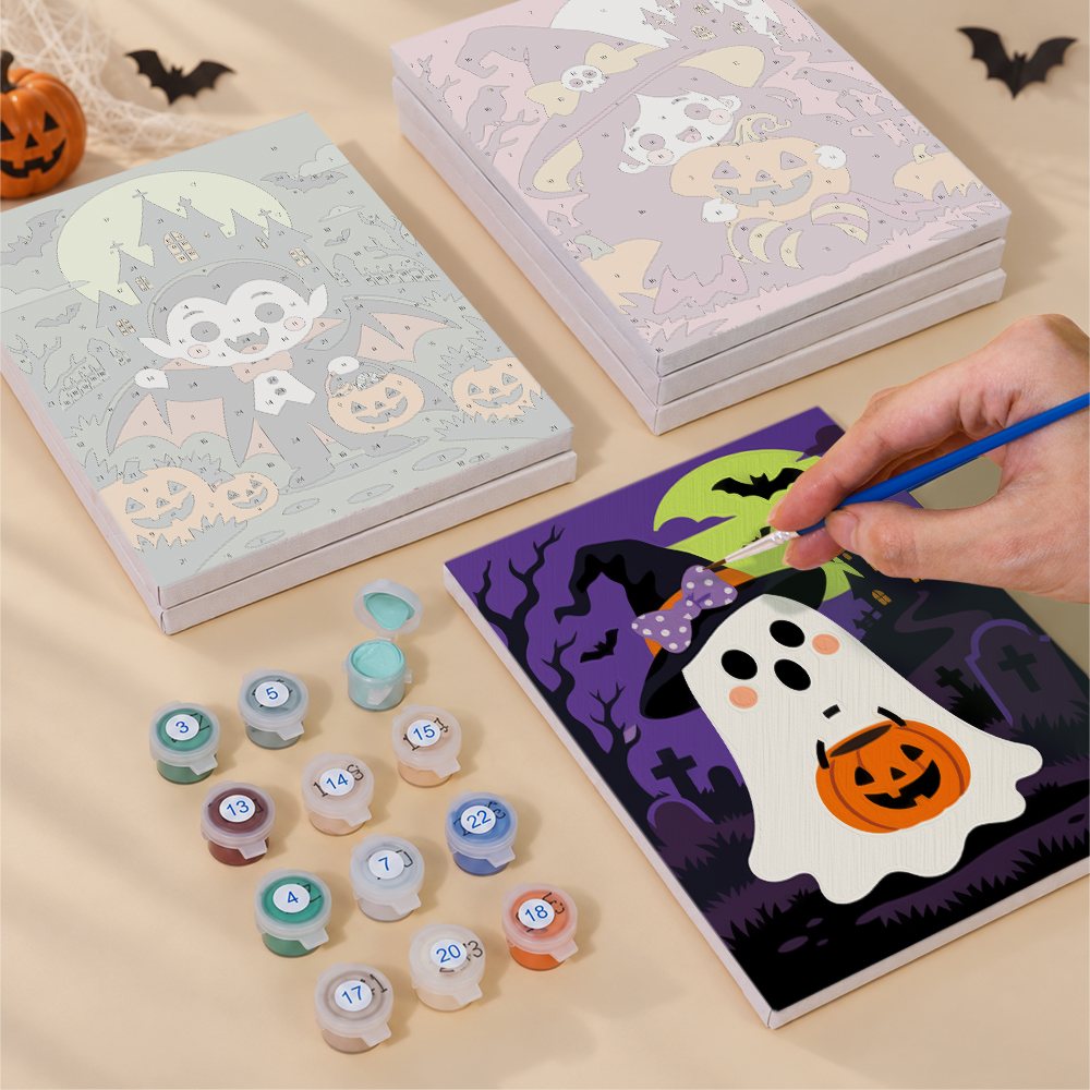 Pumpkin Patch Pals mini canvas shown rolled without a frame and pre-stretched on a frame