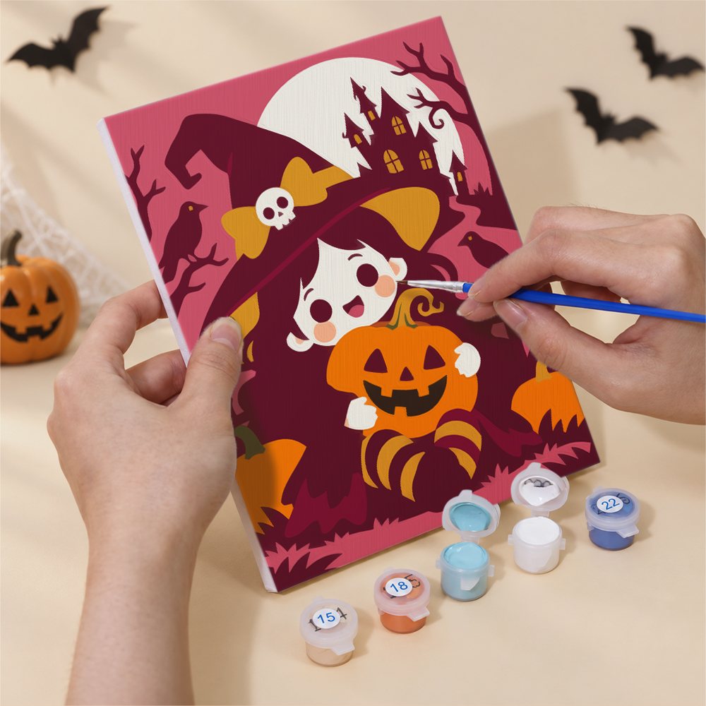 Numbered paint pots and brushes on a pre-stretched Pumpkin Patch Pals mini canvas