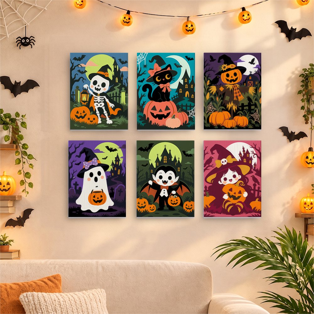 Before and after of a Pumpkin Patch Pals mini paint by numbers canvas