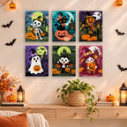 Painting a Pumpkin Patch Pals mini canvas propped up beside numbered acrylic paints