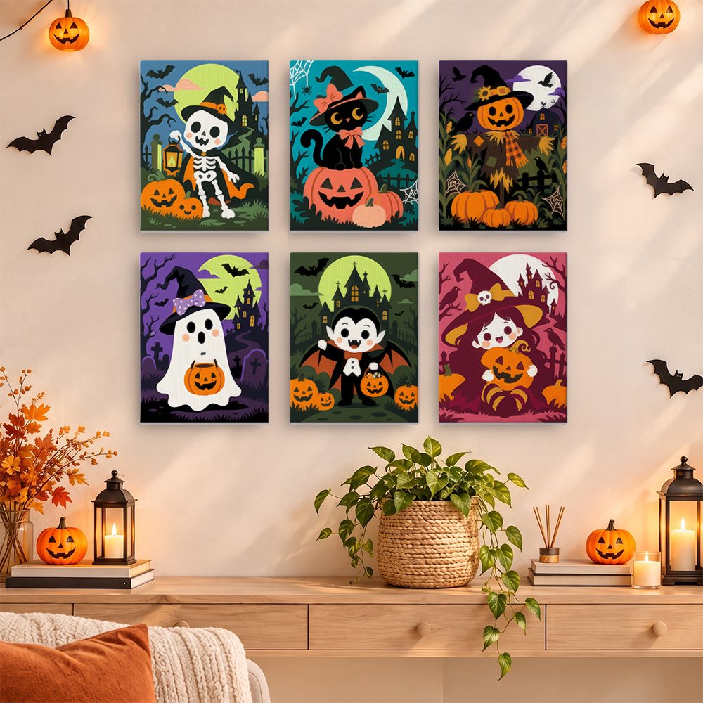 Painting a Pumpkin Patch Pals mini canvas propped up beside numbered acrylic paints