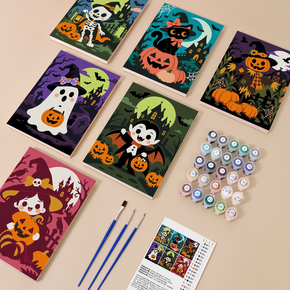 Painting one of the Pumpkin Patch Pals designs next to a stack of mini canvases