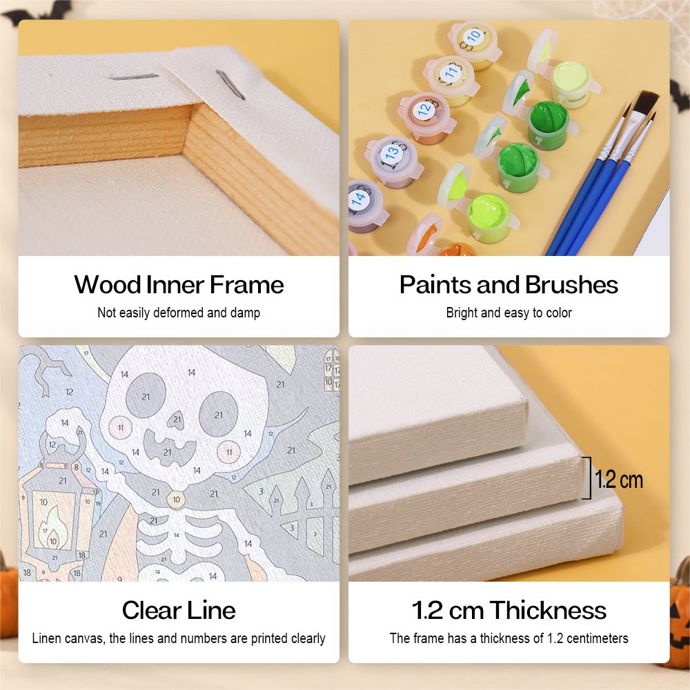 Pumpkin Patch Pals mini paint by numbers kit with six numbered canvases, acrylic paints, brushes and layout