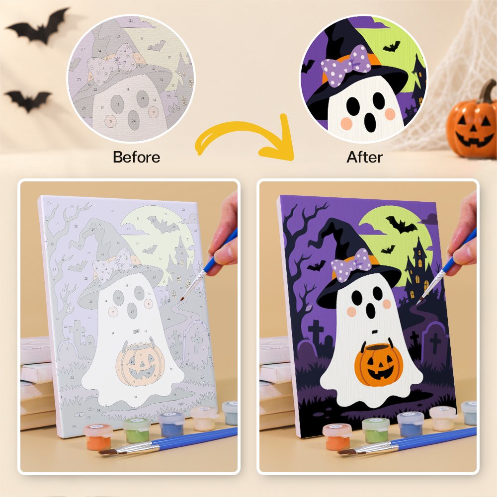 What's included without a frame: six rolled Pumpkin Patch Pals mini canvases, acrylic paints, three brushes and layout