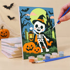 What's included pre-stretched on frame: six framed Pumpkin Patch Pals mini canvases, paints, three brushes, hangers and layout