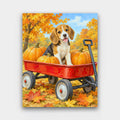 Pumpkin Wagon Pup paint by numbers kit of a beagle puppy in a red wagon full of pumpkins among autumn leaves