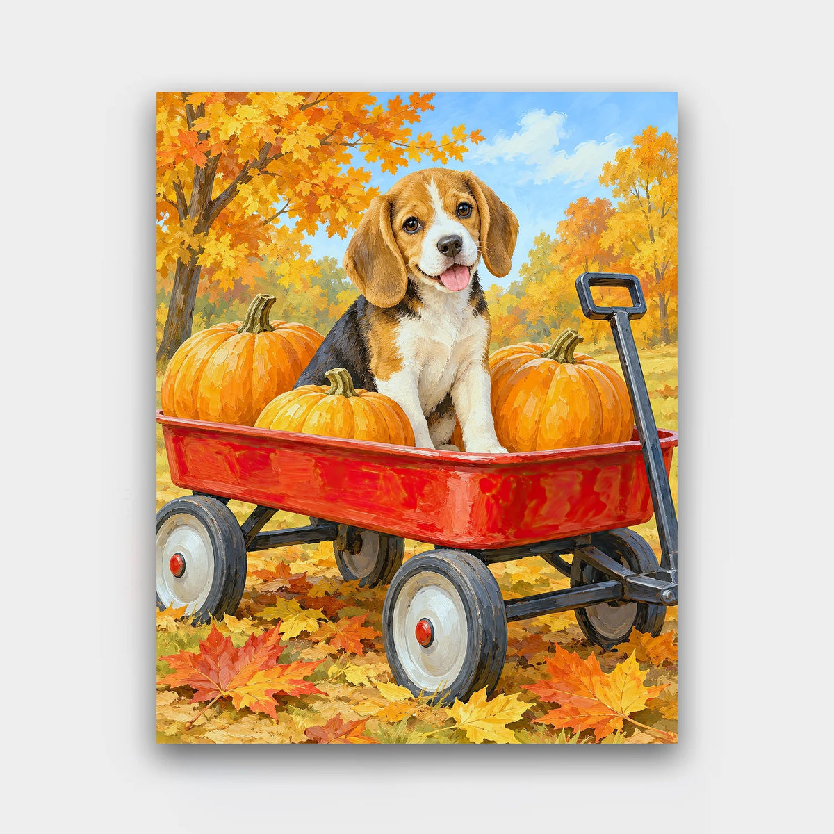 Pumpkin Wagon Pup paint by numbers kit of a beagle puppy in a red wagon full of pumpkins among autumn leaves