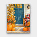 Pumpkins at the Door paint by numbers kit of a blue front door decorated with pumpkins, orange mums, corn stalks and a plaid blanket