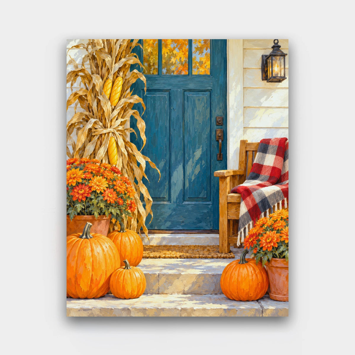Pumpkins at the Door paint by numbers kit of a blue front door decorated with pumpkins, orange mums, corn stalks and a plaid blanket
