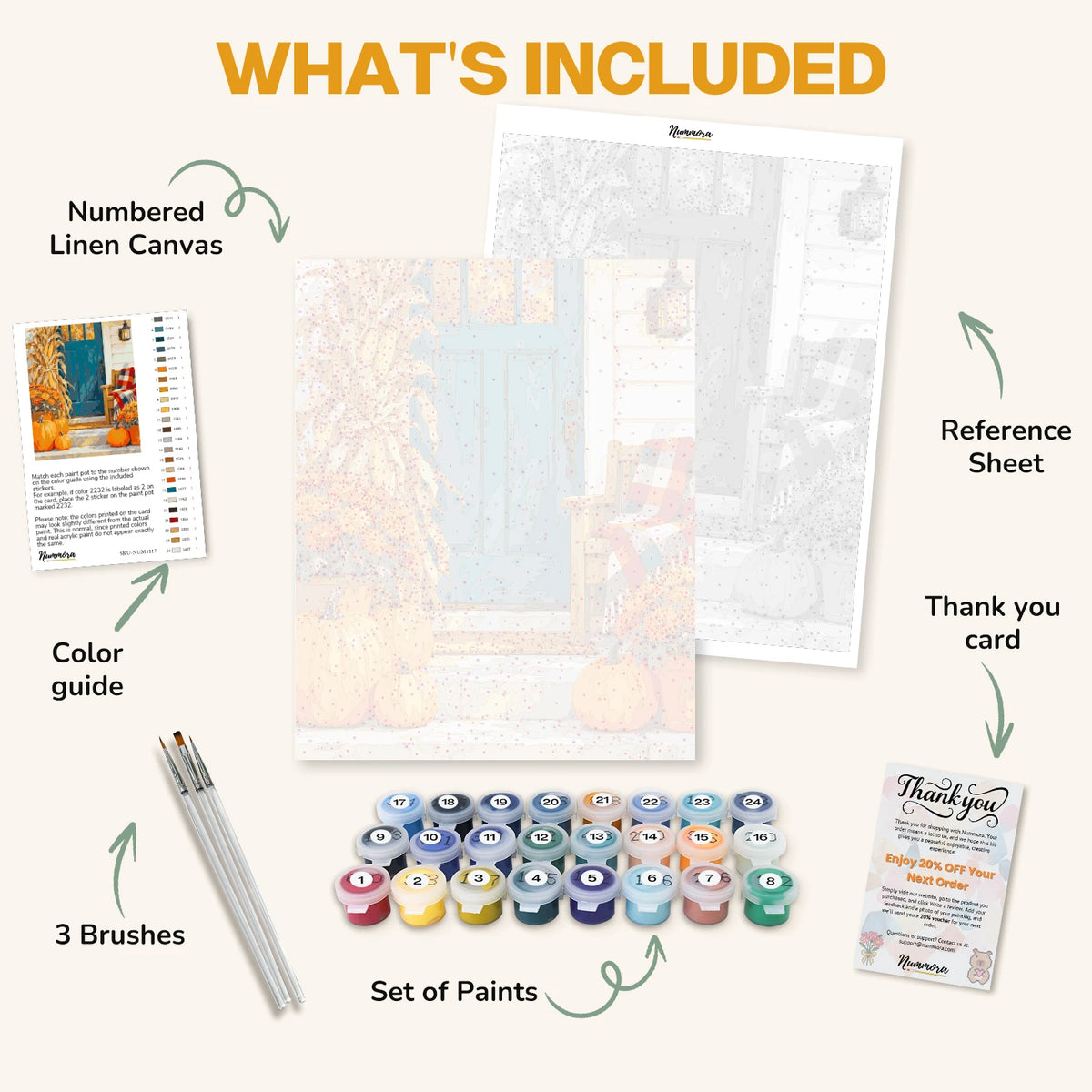 What's included in the Pumpkins at the Door paint by numbers kit: numbered linen canvas, reference sheet, color guide, 24 acrylic paints, 3 brushes and thank you card