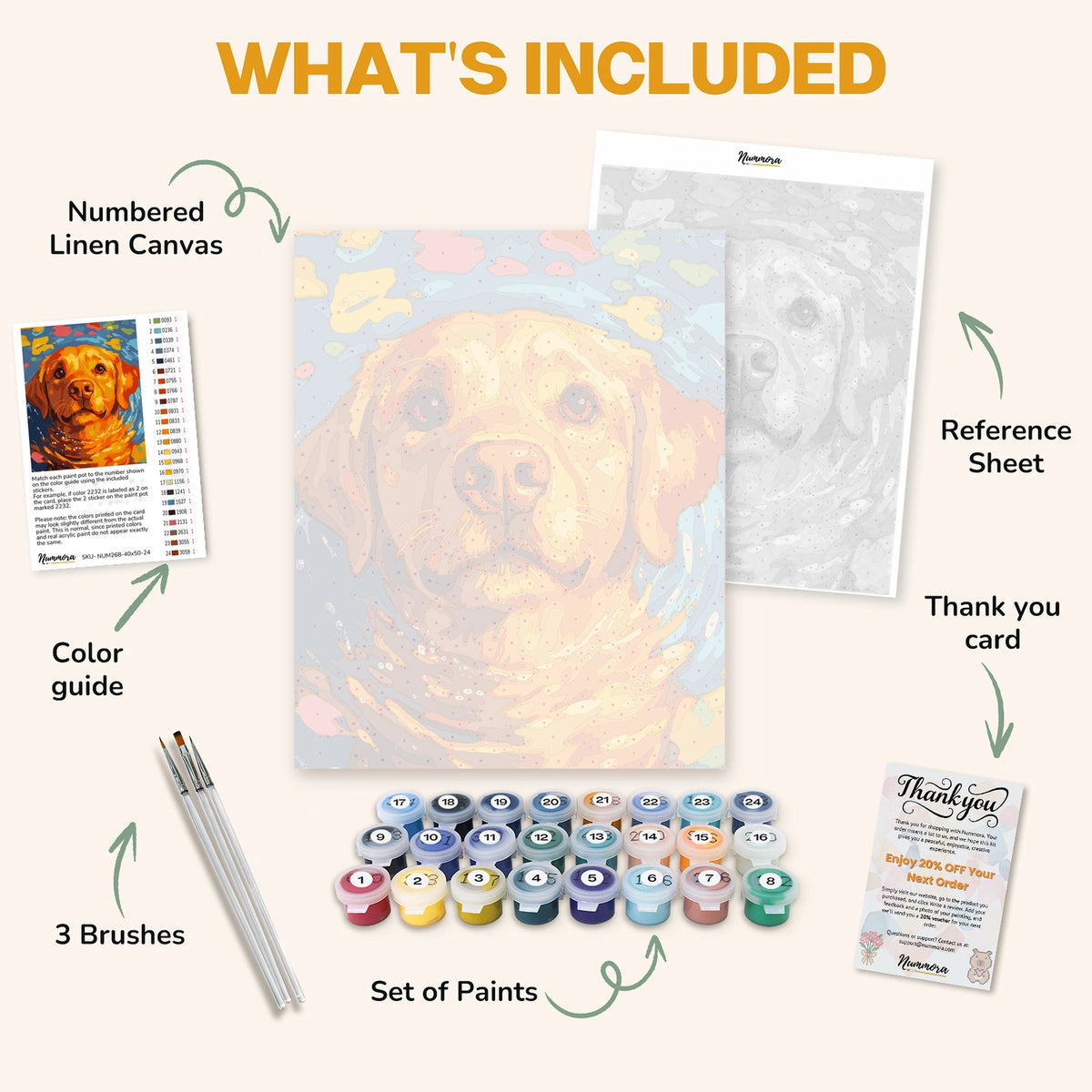 What's included in the Pup in Colorful Waters paint by numbers kit: numbered linen canvas, reference sheet, color guide, 24 acrylic paints, 3 brushes and thank you card