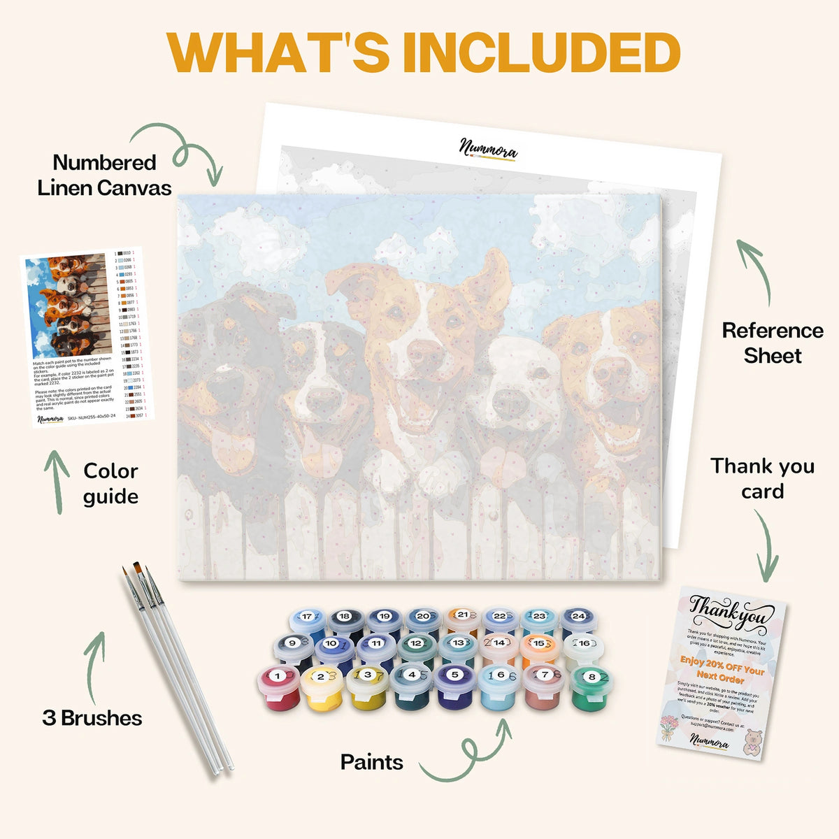 What's included in the Pure Joy paint by numbers kit: numbered linen canvas, reference sheet, color guide, 24 acrylic paints, 3 brushes and thank you card