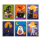 Purple Moon Spooks mini paint by numbers set: six bold Halloween scenes with a witch hat, candy cauldron, black cat, haunted house, ghost and skeleton