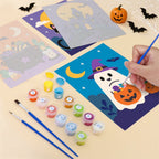 Filling in a Purple Moon Spooks mini canvas with numbered acrylic paints and a fine brush
