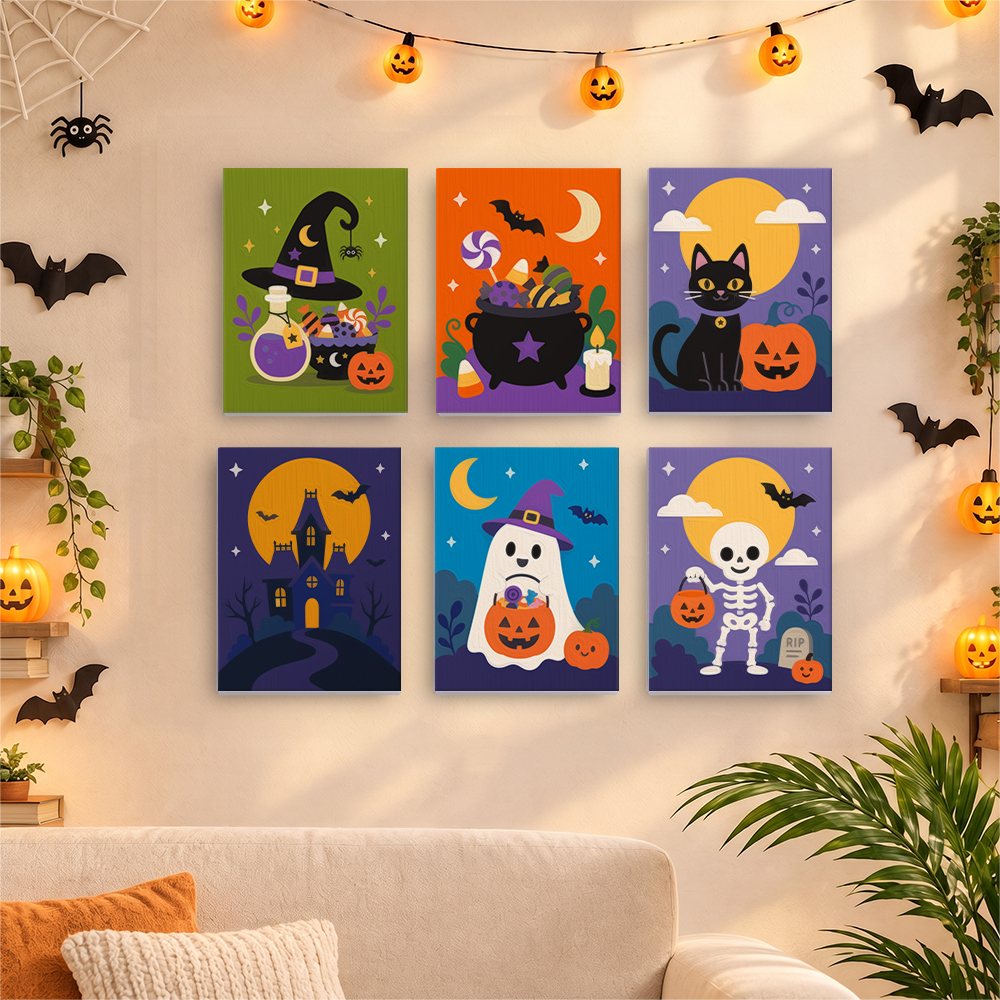 Six finished Purple Moon Spooks mini paintings hung on a wall above a table