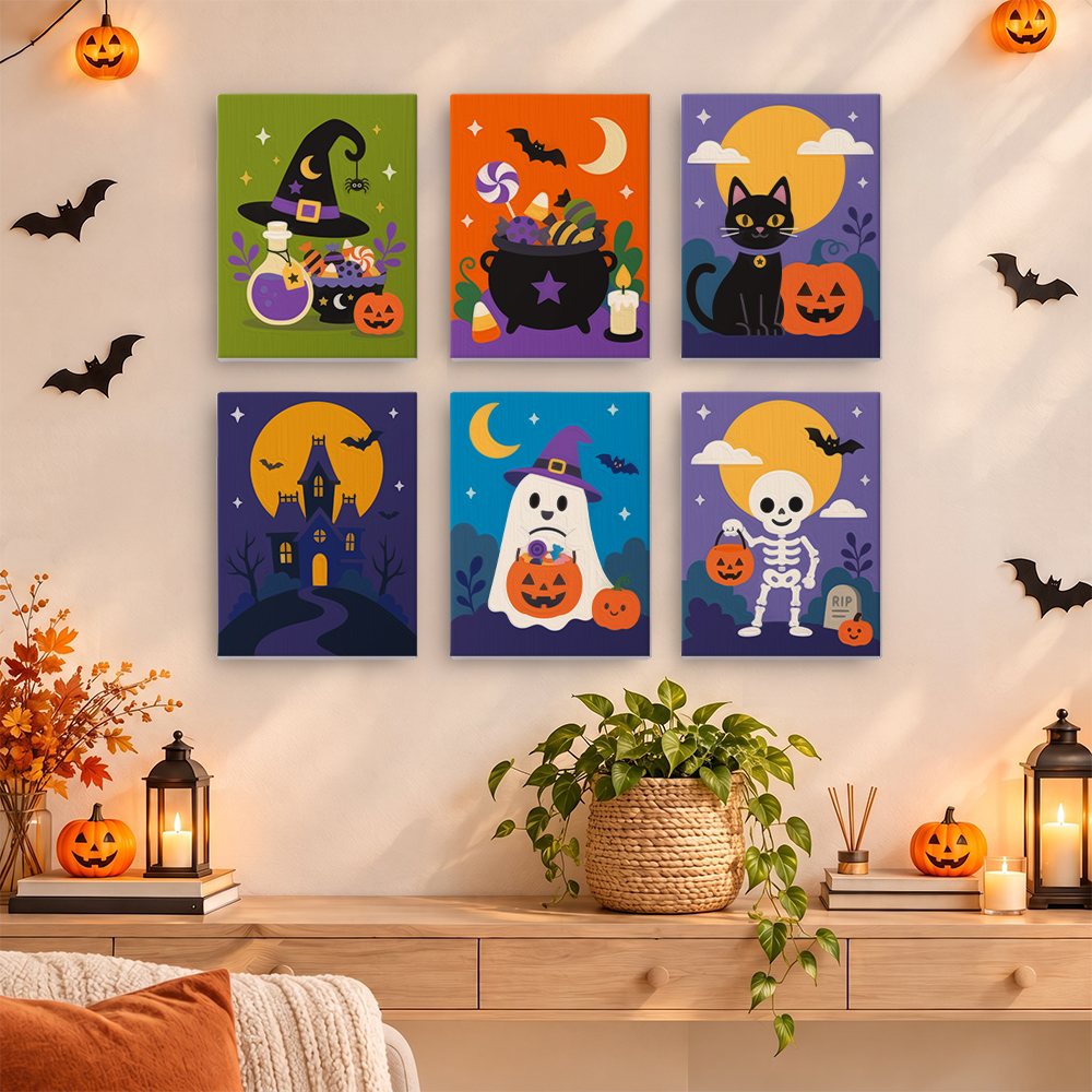 Purple Moon Spooks mini paintings displayed as a gallery wall in a sunny kitchen