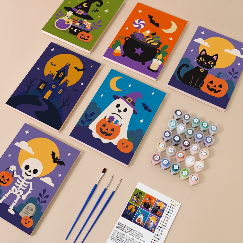 Purple Moon Spooks mini paint by numbers kit with six numbered canvases, acrylic paints, brushes and layout