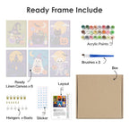 What's included pre-stretched on frame: six framed Purple Moon Spooks mini canvases, paints, three brushes, hangers and layout