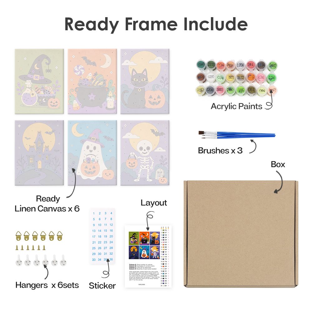 What's included pre-stretched on frame: six framed Purple Moon Spooks mini canvases, paints, three brushes, hangers and layout