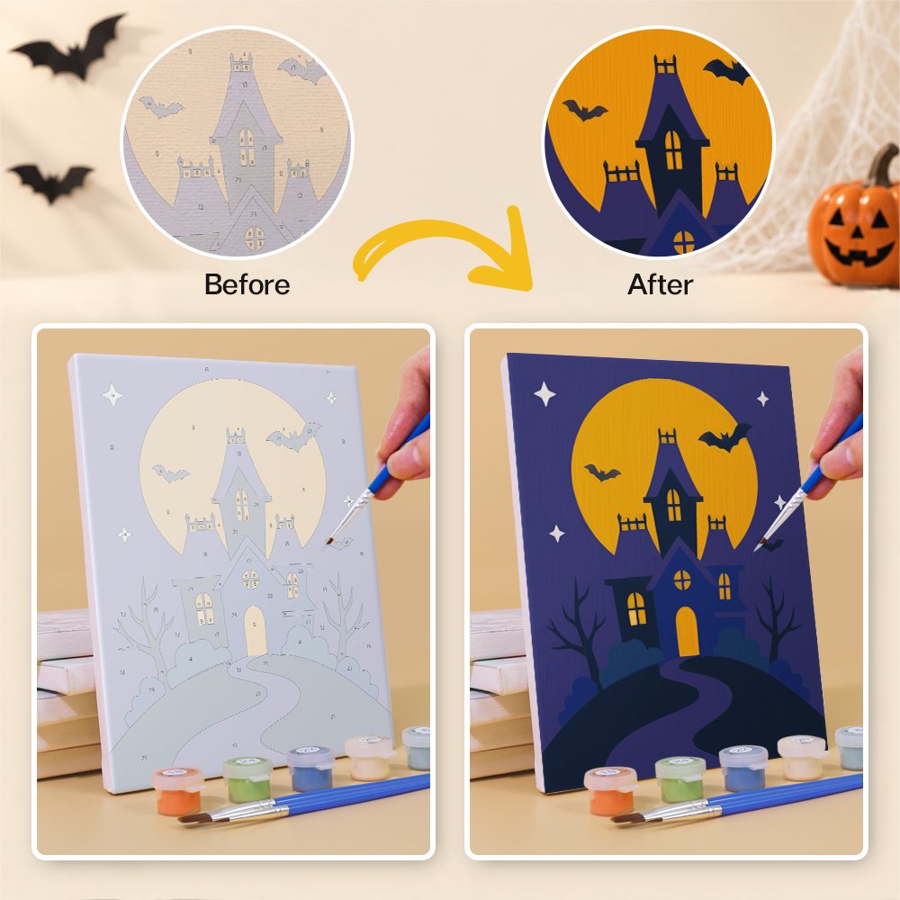 Before and after of a Purple Moon Spooks mini paint by numbers canvas