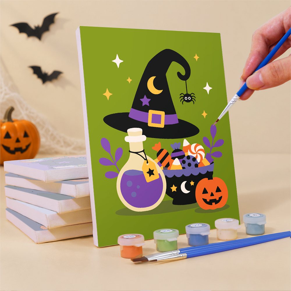 Painting a Purple Moon Spooks mini canvas propped up beside numbered acrylic paints