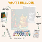 What's included in the Purrfect Christmas Glow paint by numbers kit: numbered linen canvas, reference sheet, color guide, 24 acrylic paints, 3 brushes and thank you card