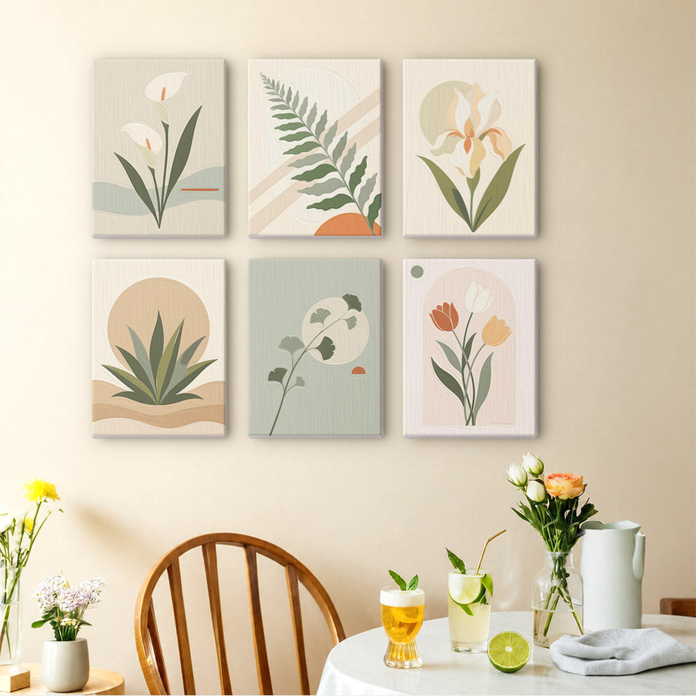 Quiet Botanicals mini paintings displayed as a gallery wall in a sunny kitchen